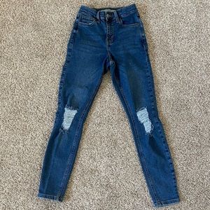 TOPSHOP Moto Jamie High Waist Ankle Grazer Blue Denim Distressed Jeans 25x30